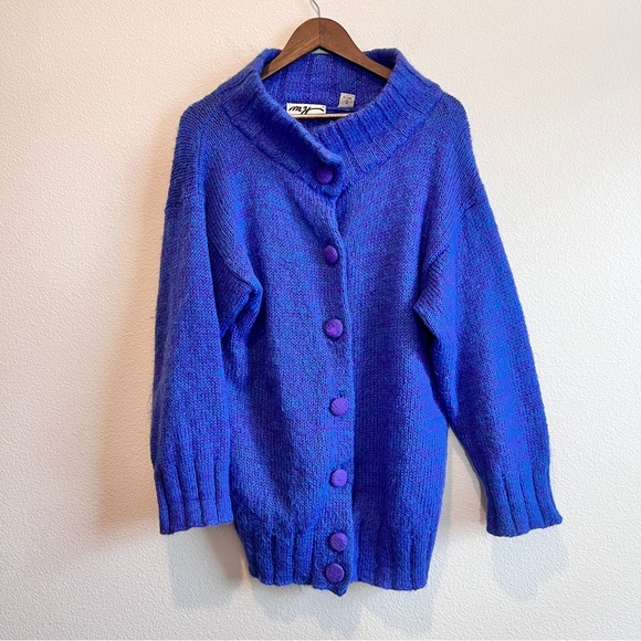 Vintage 80s Mohair Blend Cardigan Sweater Blue Purple Oversized Chunky Knit M - Picture 1 of 10